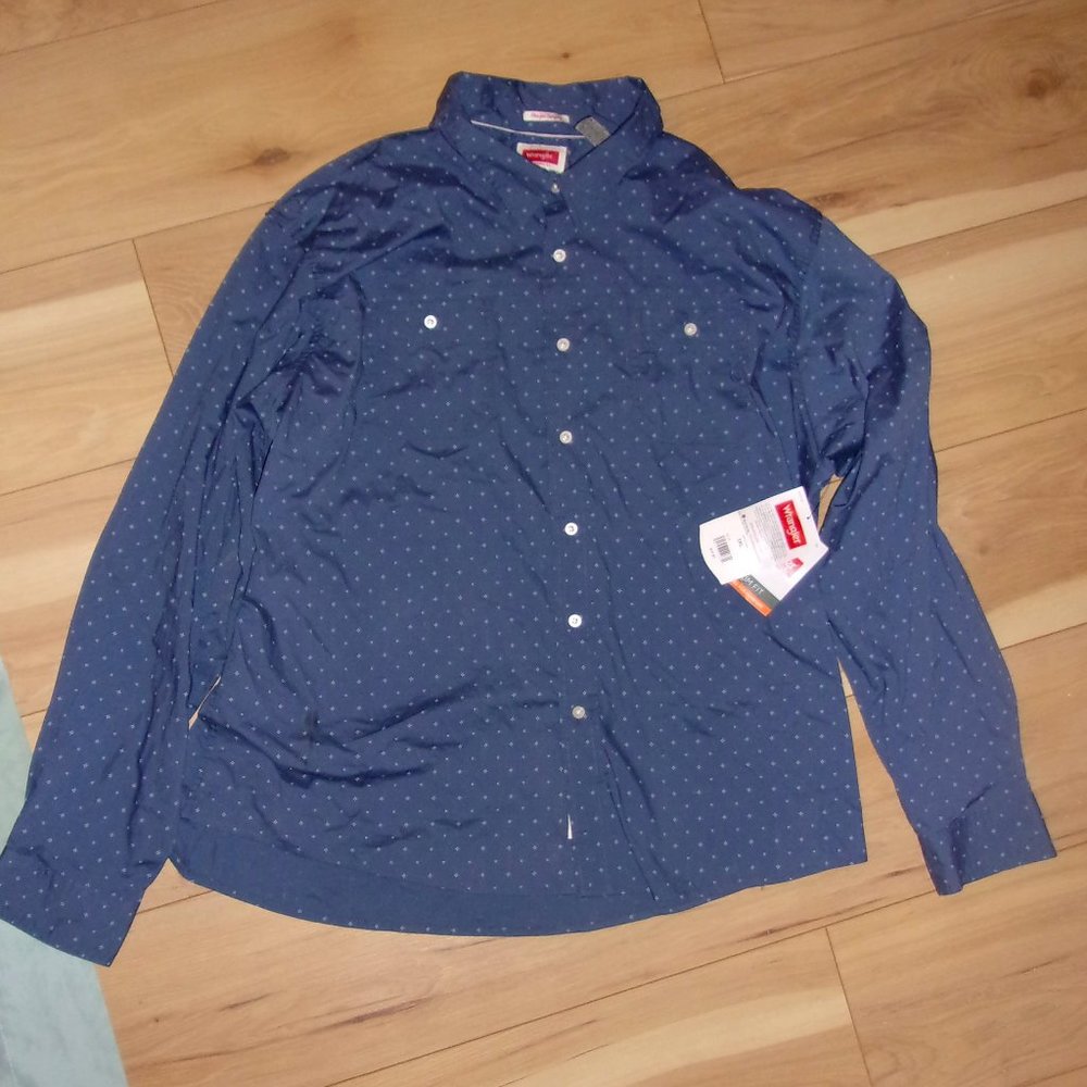3XL-Blue Long-Sleeve Button Down Shirt-2 Pockets-Small Diamond Print-NWT